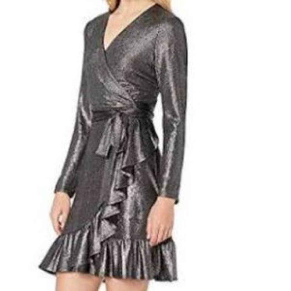 CECE Metallic Shimmer Ruffle Long Sleeve Wrap Mini Dress- gunmetal grey/ silver